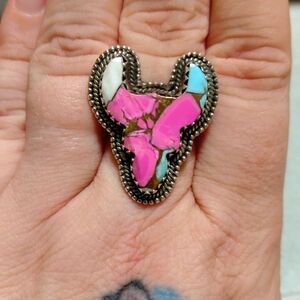 Cotton Candy Turquoise Bulls Head Sterling Silver Adjustable Ring